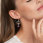 Pendulum circle with citrine and amethyst earrings on model.