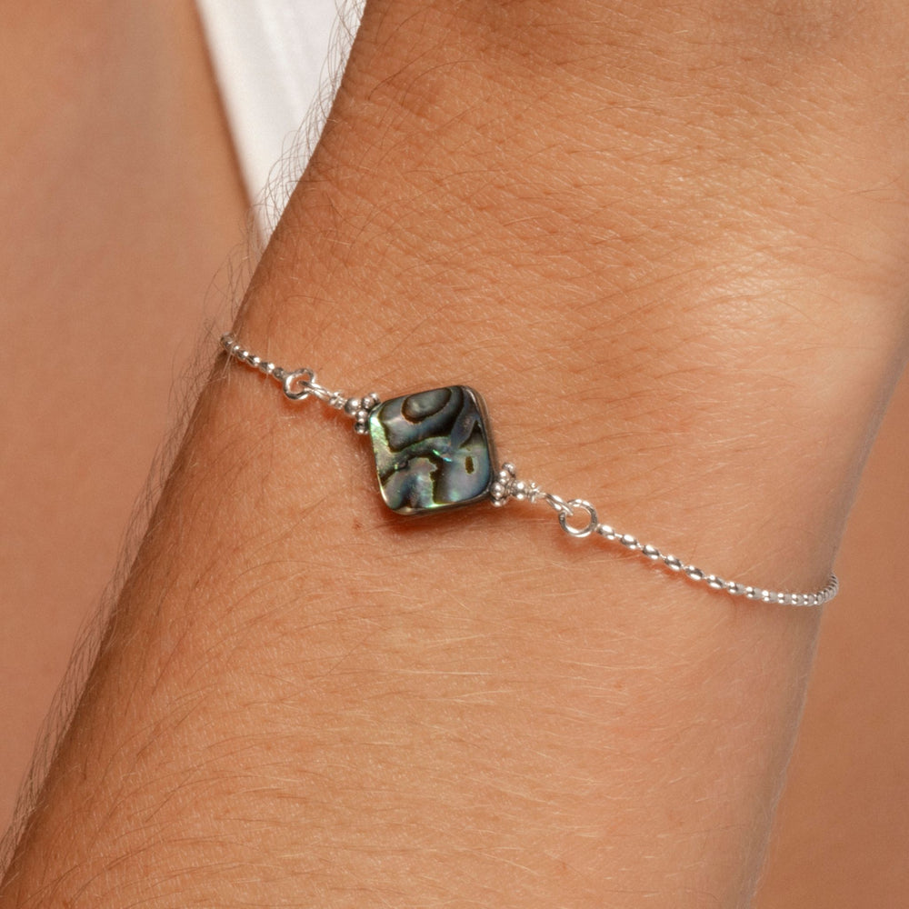 Alora Bracelet with Abalone Closeup of Diamond shape on wrist.