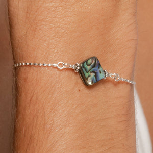 Alora Bracelet with Abalone with Closeup of Diamond shape on model.