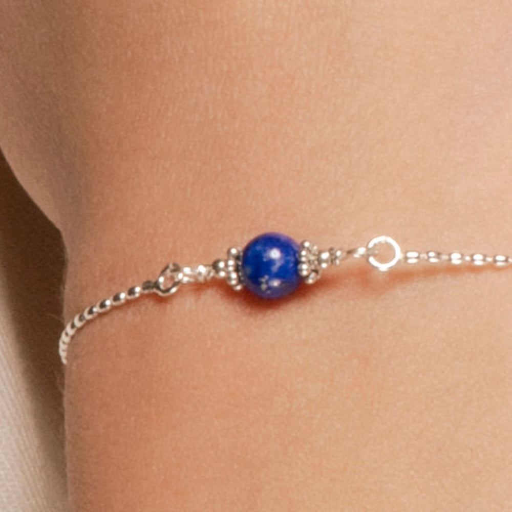 
                
                    Load image into Gallery viewer, Alora Bracelet with Lapis on Sterling Closeup on model.
                
            
