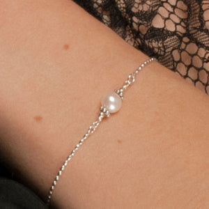 Alora Bracelet with Pearl on Sterling in closeup on model.