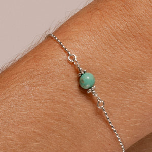 Alora Bracelet with Turquoise on Sterling in closeup on model.