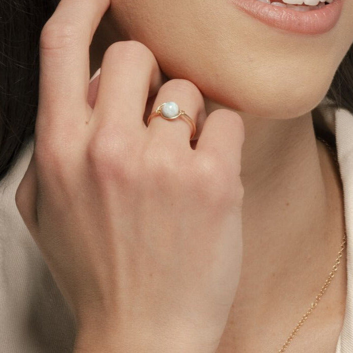 Alora Ring with Larimar on 14k Gold Fill on model.