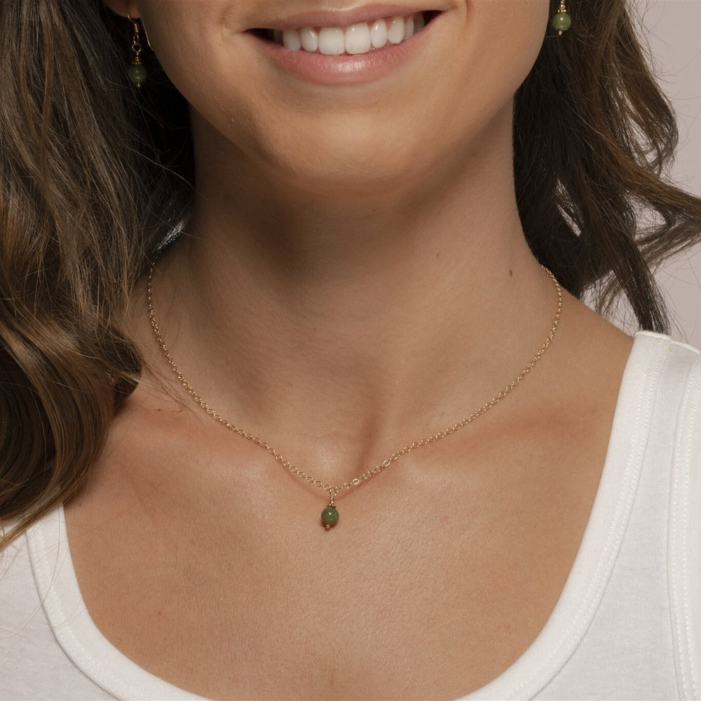 Alora Necklace with Jade on 14k Gold Fill on model.