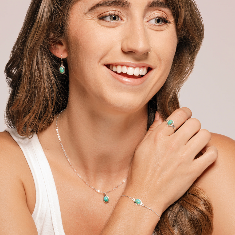 
                
                    Load image into Gallery viewer, Ria Turquoise Earrings, Necklace and Bracelet Set on model.
                
            