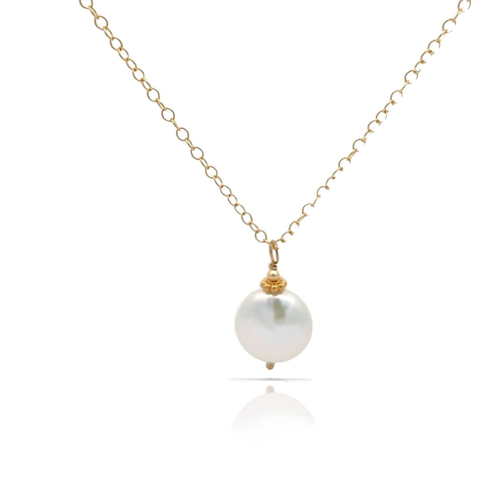 Alora coin pearl necklace in gold fill.
