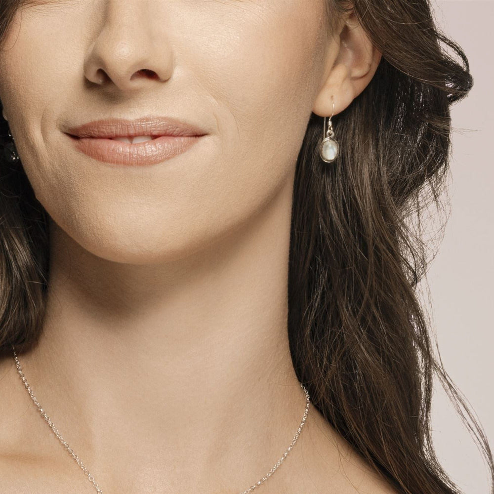 
                
                    Load image into Gallery viewer, Ria Earrings with Moonstone on model.
                
            