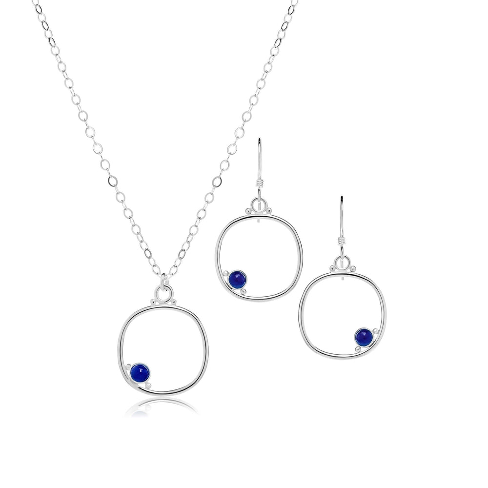 
                
                    Load image into Gallery viewer, Cornerstone cushion frame jewelry set in medium size with lapis lazuli.
                
            