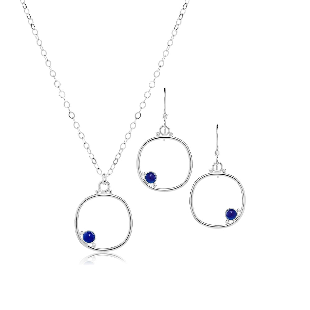 
                
                    Load image into Gallery viewer, Cornerstone cushion frame jewelry set in medium size with lapis lazuli.
                
            