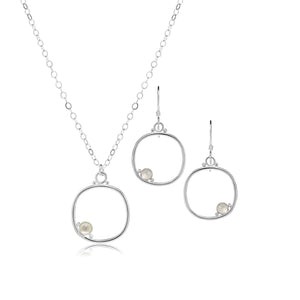 
                
                    Load image into Gallery viewer, Cornerstone cushion frame jewelry set in medium size with moonstone.
                
            