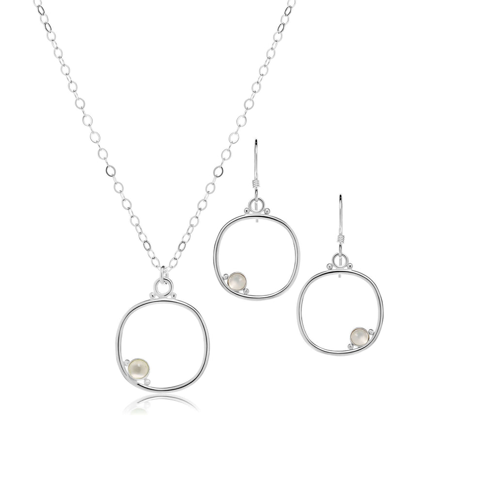
                
                    Load image into Gallery viewer, Cornerstone cushion frame jewelry set in medium size with moonstone.
                
            