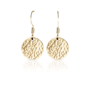 
                
                    Load image into Gallery viewer, Textured gold flat round earrings.
                
            
