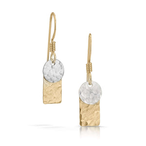 
                
                    Load image into Gallery viewer, Handmade gold rectangle with silver disc earrings.
                
            