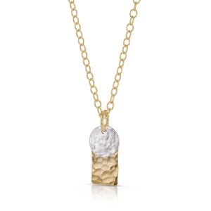 
                
                    Load image into Gallery viewer, Gold rectangle and silver disc necklace.
                
            