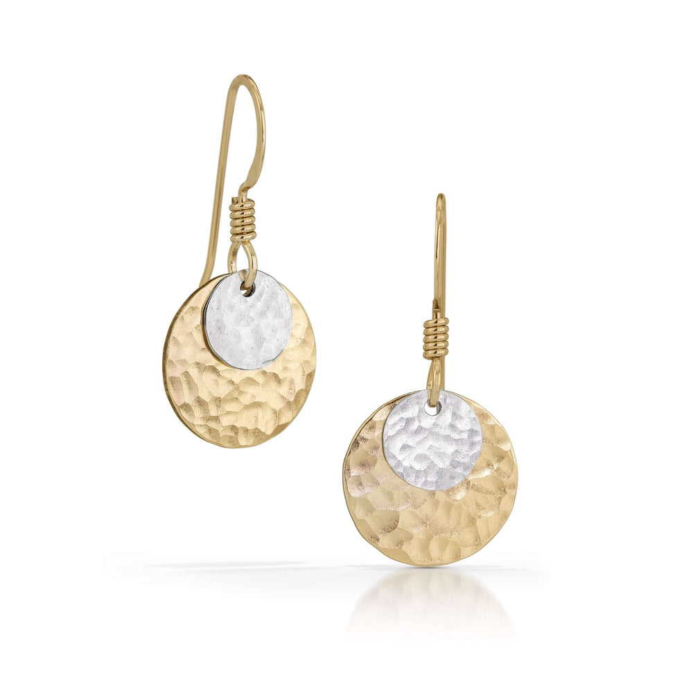 
                
                    Load image into Gallery viewer, Hammered silver disc on gold disc earrings.
                
            
