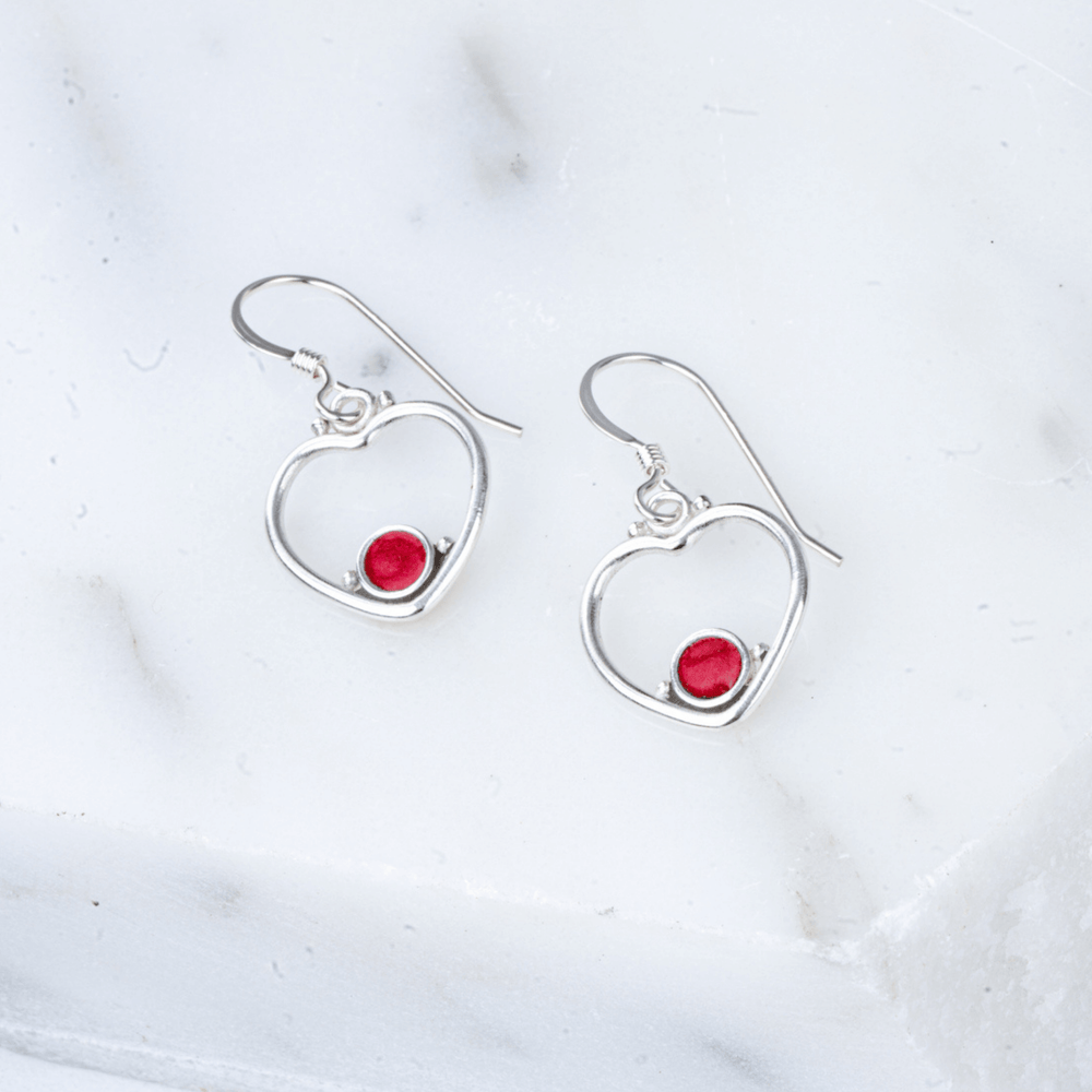 Heart enamel circle red earrings on silver.