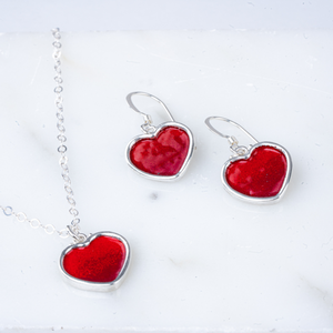 Heart enamel solid red jewelry set in silver.