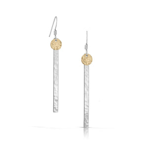 Small textured gold disc on silver skinny bar earrings.