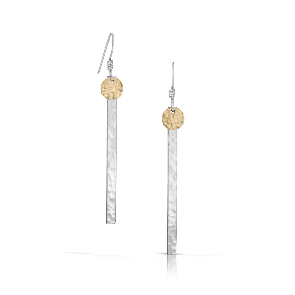 
                
                    Load image into Gallery viewer, Small gold disc on silver skinny bar earrings.
                
            