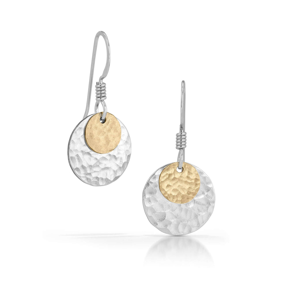 Hammered gold disc on silver disc earrings.