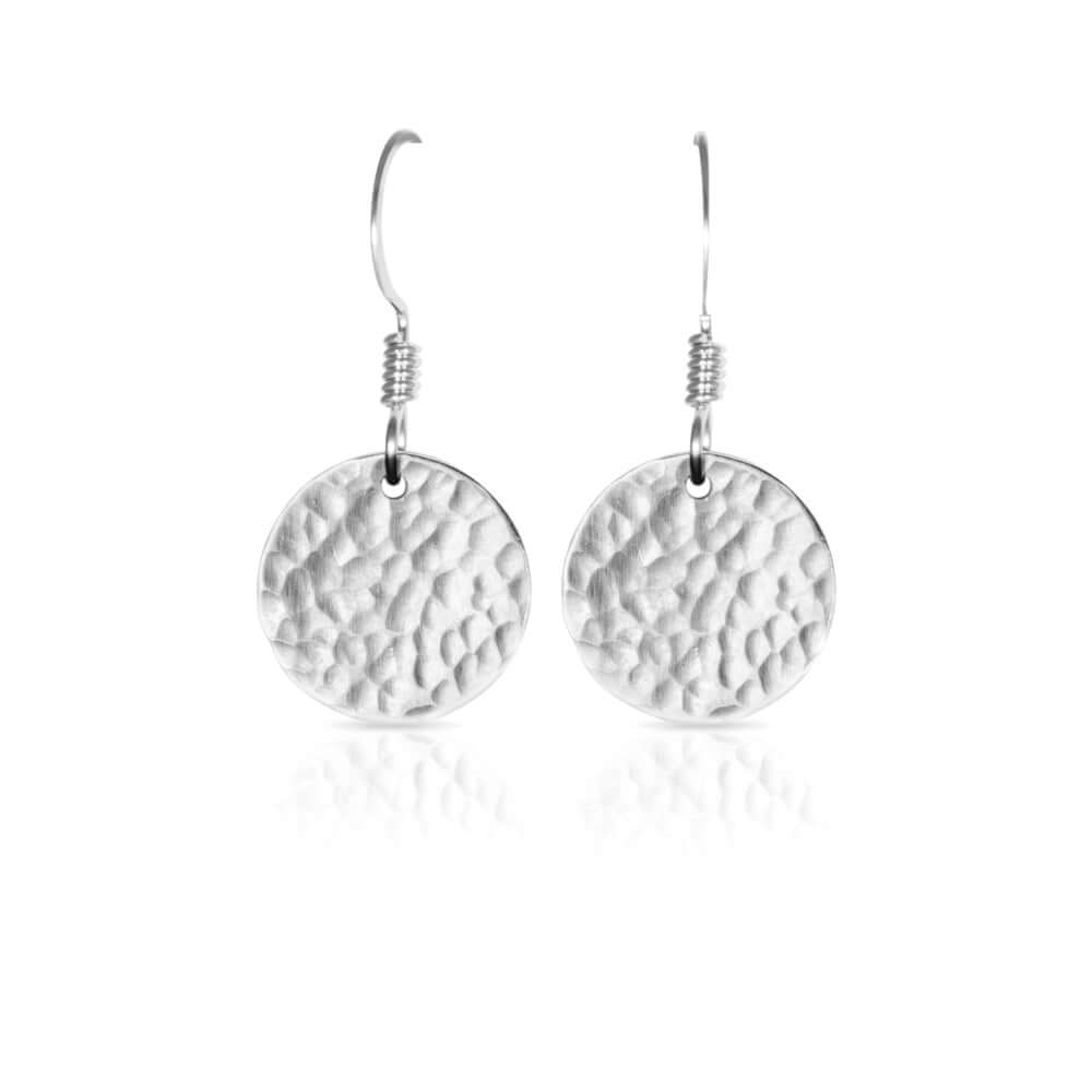 Textured silver flat round earrings.