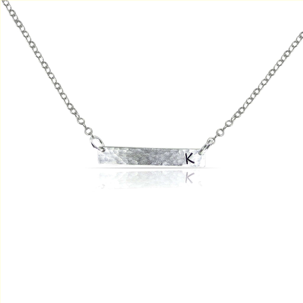 
                
                    Load image into Gallery viewer, Silver initial bar necklace.
                
            