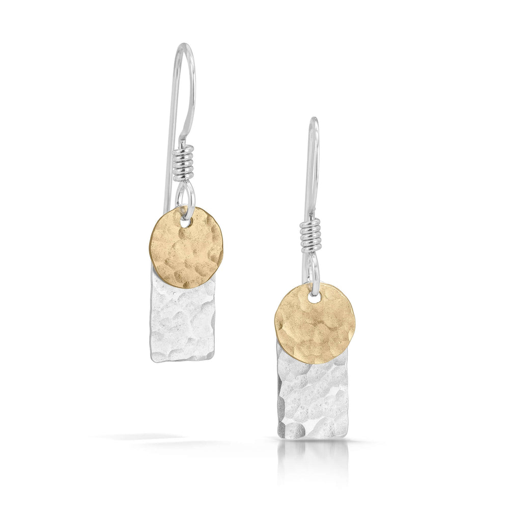 Silver rectangle with gold disc earrings.