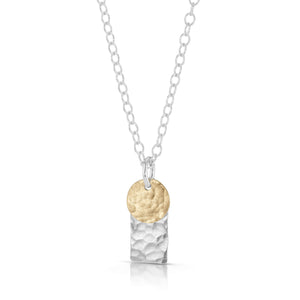 
                
                    Load image into Gallery viewer, Silver rectangle and gold disc necklace.
                
            